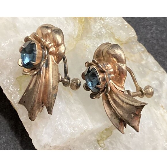 Vintage Sterling Silver 925 Blue Rhinestone Screw Back Earrings 10g 1.25'' Tall‎ - Picture 2 of 11